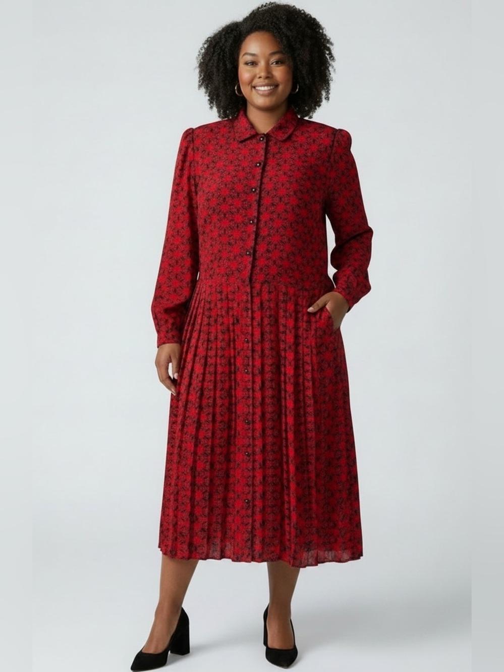 Red silk dress VTG Maggy London by Jeannine Booher 100% silk pleated 1980 L‎ 10
